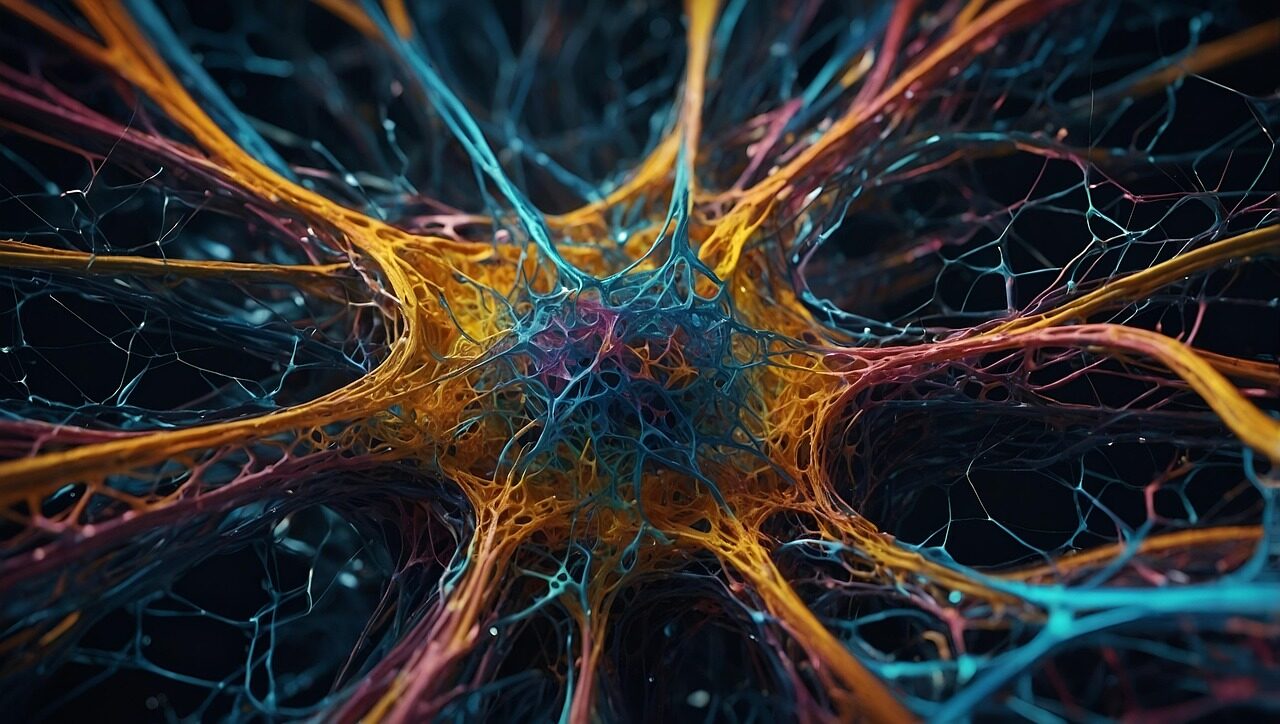 ai generated, neurons, brain cells, brain, brain structure, system, web, network, connection, points, lines, interfaces, tissue, entanglement